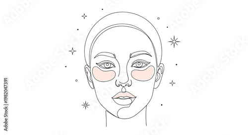 Minimalist continuous line art of a beautiful woman face applying pink under-eye patches for a relaxing skincare and beauty routine at home.