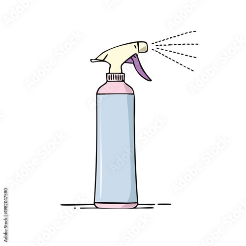 Spray bottle dispensing liquid with a light blue translucent container and purple trigger detail