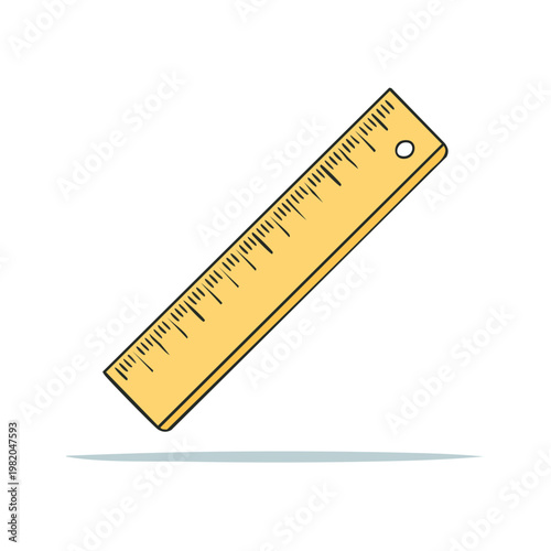 A yellow wooden ruler with black measurement marks and a hole for hanging
