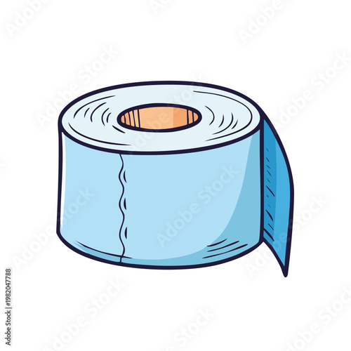 Cartoon illustration of a single roll of pale blue toilet paper with a torn edge
