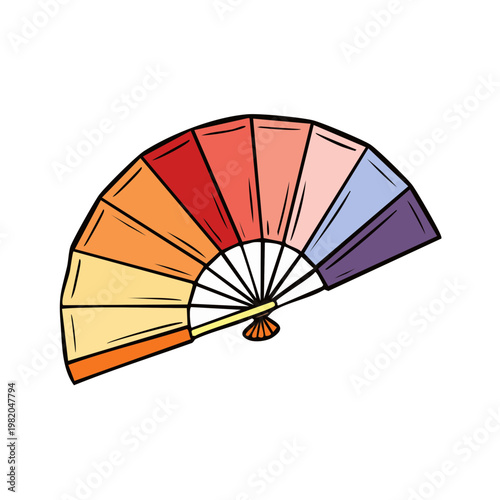 Open colorful folding fan with wooden handle and tassel, isolated on white background, illustration