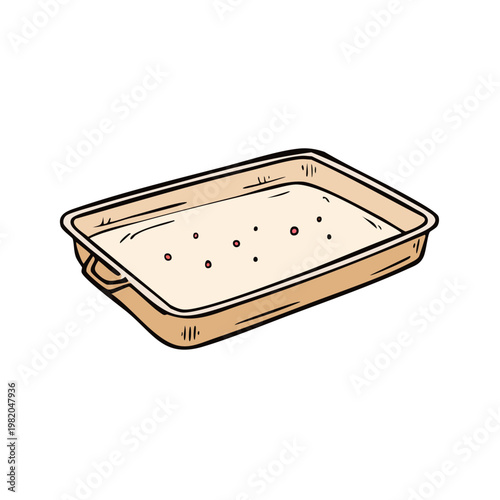 Hand drawn illustration of a baking tray with food and small holes for drainage or ventilation