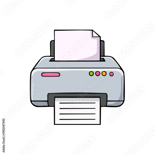 Modern gray office printer with paper output and input slot cartoon illustration