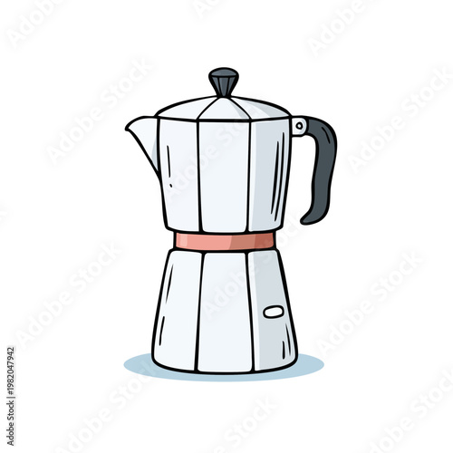 Hand drawn illustration of a classic stovetop moka pot coffee maker with a handle and lid