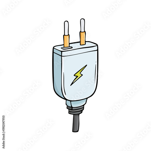 Simple cartoon drawing of a white electrical plug with two prongs and a lightning bolt symbol