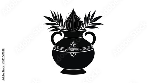 Decorative black vase with leafy plant.