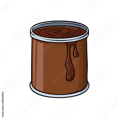 Open tin can with dripping chocolate sauce, isolated illustration