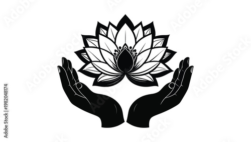 Hands holding a lotus flower symbol.