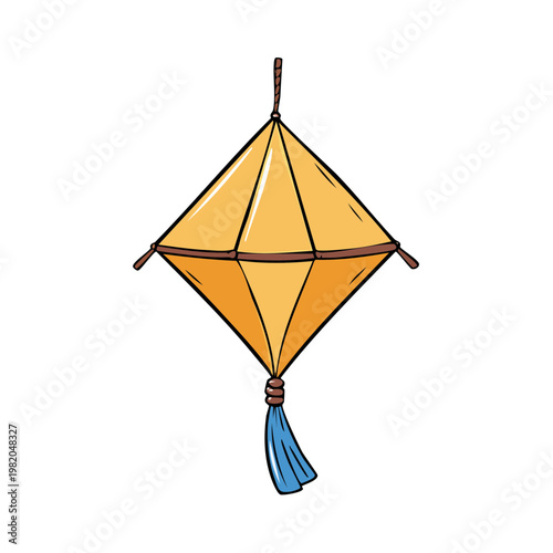 Traditional kite with blue tassel isolated on white background, simple illustration, vibrant colors
