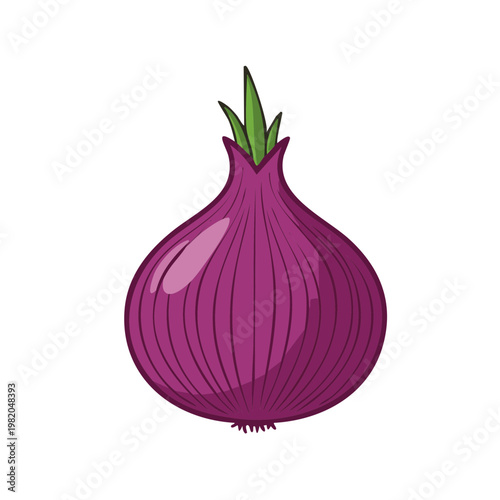 Illustration of a single vibrant red onion with green sprouts against a white background