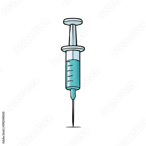 Illustration of a medical syringe filled with blue liquid and a sharp needle ready for injection