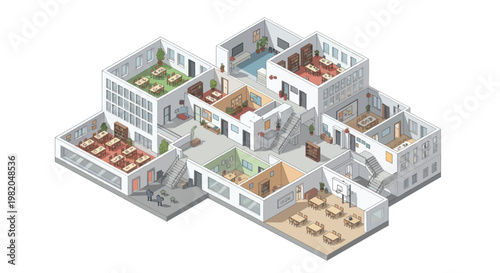 Isometric View of a Modern School Building with Multiple Classrooms and Facilities.