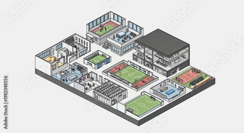 Isometric view of a modern sports complex with various facilities.