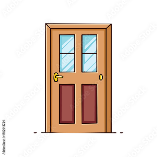 Front wood door with glass panels and brass handle vector illustration