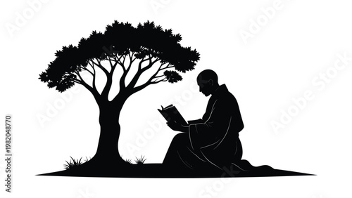 Silhouette of a man reading a book under a tree.
