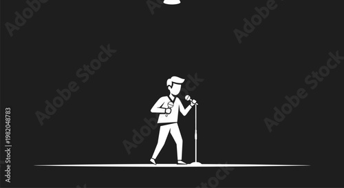 A solitary figure stands illuminated by a spotlight in a darkened minimalist setting creating a dramatic and focused scene