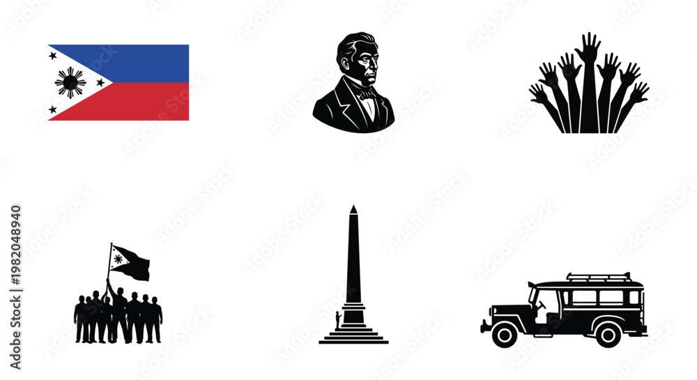 Obraz premium Philippines Independence Day Vector Set: Flag, Monument, Jeepney, National Hero Bust, and Waving Hands
