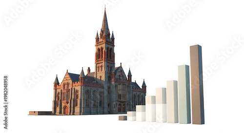 Pixelated gothic building with rising bar graph, symbolizing architectural progress or data growth