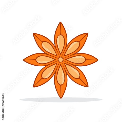 A stylized illustration of a star anise spice with eight pointed segments and a central core