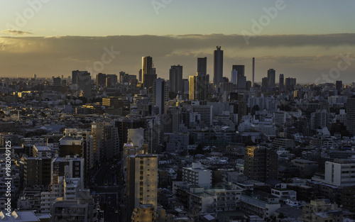 Aerial view of the modern skyscrapers pierce the skyline, gilded in the warm glow of the setting sun, casting long shadows across the urban landscape, Bunkyo City, Tokyo, Japan.