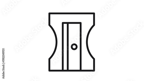 Minimalist black outline vector icon illustration of a manual pencil sharpener, an essential school and office stationery tool for sharpening graphite pencils, isolated on a white background.