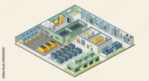 Modern Data Center Interior Isometric View with Servers and Equipment.