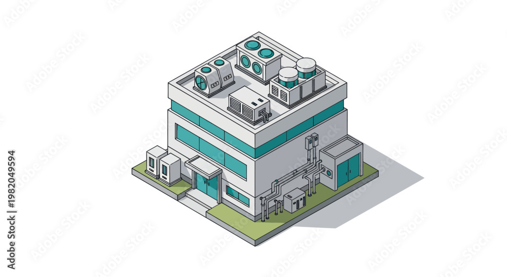 Obraz premium Modern Isometric Building with Rooftop Equipment and Air Conditioning Units.