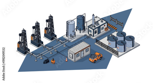 Modern industrial factory complex with automated machinery and storage tanks.