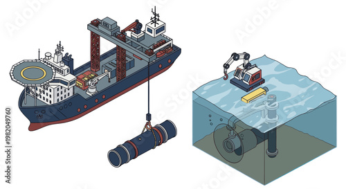 Offshore construction vessel deploying underwater pipeline section with ROV assistance.