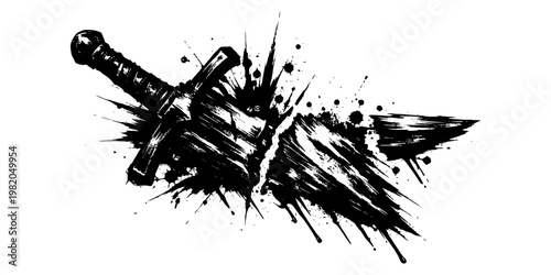 Broken Sword Ink Art, Black-and-white ink-style illustration of a shattered sword, fragmented in the middle with jagged edges and splattered effects, symbolizing destruction, conflict, and