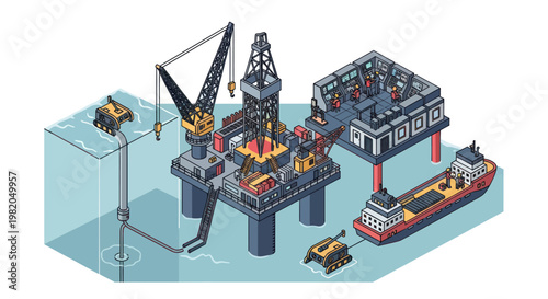 Offshore oil rig platform with support vessels and equipment.