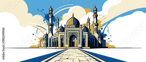 Beautiful Mosque Architecture with Domes and Minarets in Elegant Sacred Light