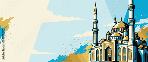 Beautiful Mosque Architecture with Golden Domes and Minarets Ideal for Religious Programs