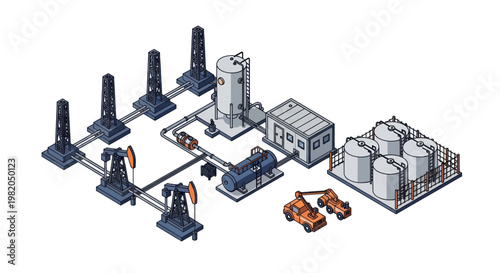 Oil extraction and processing industrial complex isometric illustration.