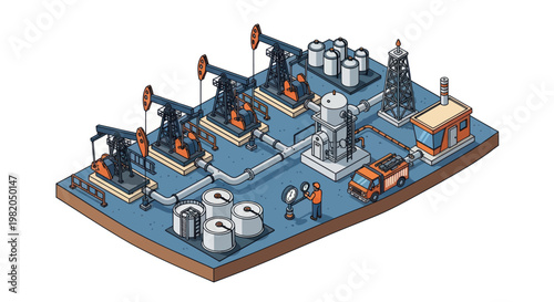 Oil extraction and processing facility with pumpjacks and storage tanks.