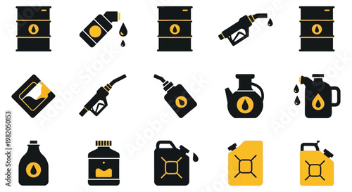 Oil cans and fuel pumps in black and yellow icons for industrial equipment