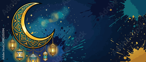 Crescent Moon and Lanterns on a Serene Night with Splatter Art Background