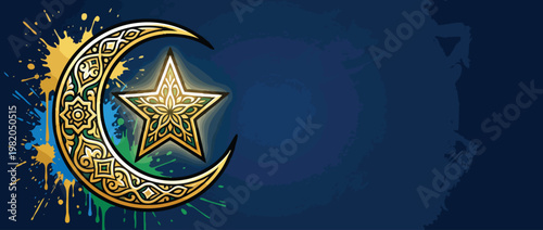 Crescent Moon Star with Serene Night Glow Elegant Spiritual Atmosphere Golden Design