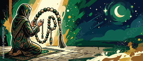 Devotional Night Prayer with Tasbih Under Starry Sky for Spiritual Reflection