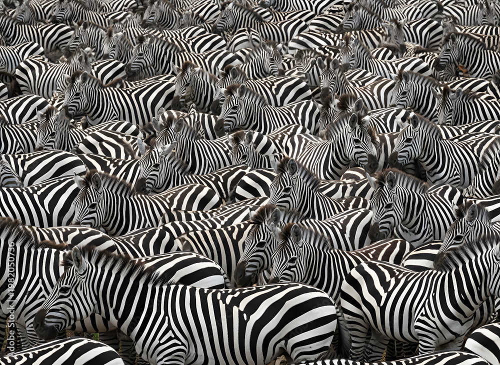 Fototapeta Stunning close-up photograph of a massive zebra herd gathered in the wild, showcasing an intricate and hypnotic pattern of black and white stripes across the entire frame of view.