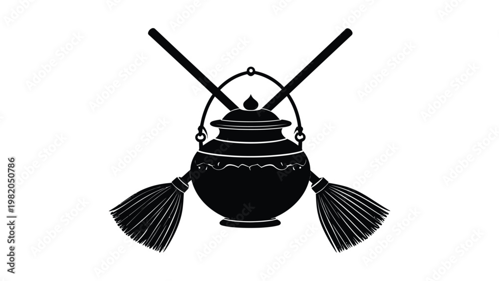 Fototapeta premium Black silhouette of a witch's cauldron with broomsticks.