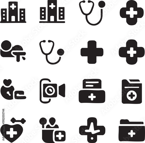 A collection of black glyph icons representing various aspects of healthcare including hospitals medical tools and patient care high quality professional detailed