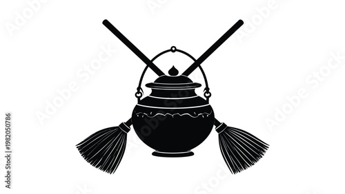 Black silhouette of a witch's cauldron with broomsticks.