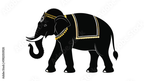 A black elephant with gold ornaments walking.