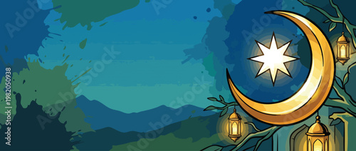 Crescent Moon and Star with Serene Night Glow Elegant Spiritual Atmosphere