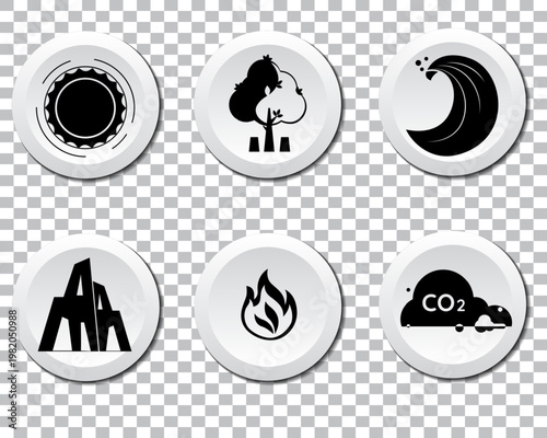 Climate change icon set. Containing global warming, greenhouse, melting ice, earth pollution and disaster icons. Solid icon set