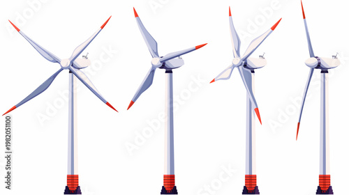 Four white wind turbines with red tips, shown at different rotation angles