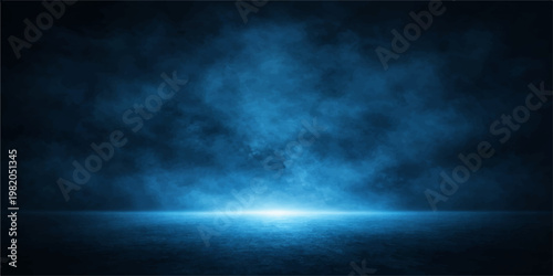 Abstract a mesmerizing azure stage is enveloped in an ethereal mist, illuminated by a radiant light source, creating an enigmatic ambiance.