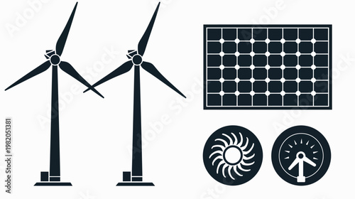 Illustration shows wind turbines, solar panels, and hydro, all sources of energy