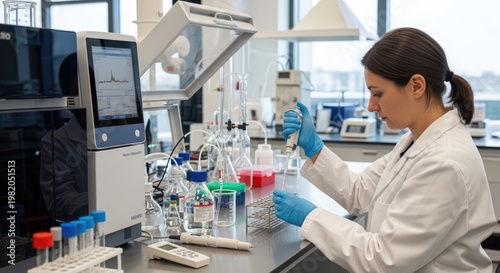 A woman in a lab coat working with a spectrophotometer in a laboratory.